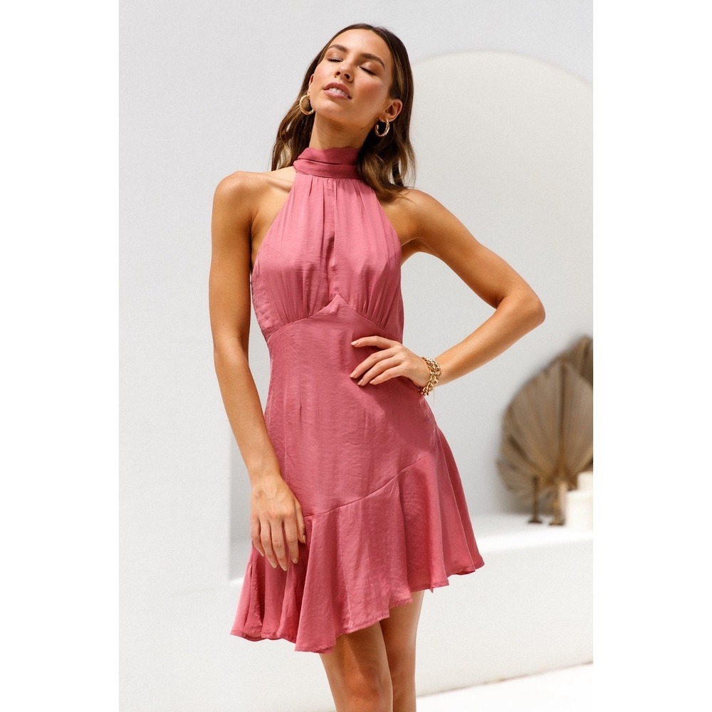 Here Comes The Sun Rose Pink Halter Mini Dress Asymmetrical Ruffle Hem NWT S - Picture 3 of 14